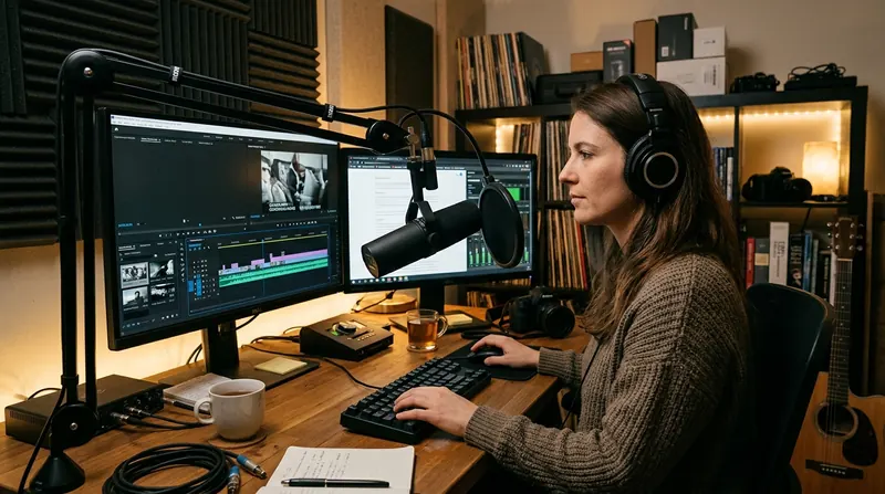 A creator working at a home studio desk with a microphone and video editing screens