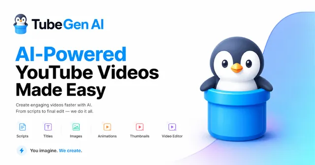 TubeGen AI social preview: "AI-Powered YouTube Videos Made Easy", with a penguin mascot and a row of feature icons.
