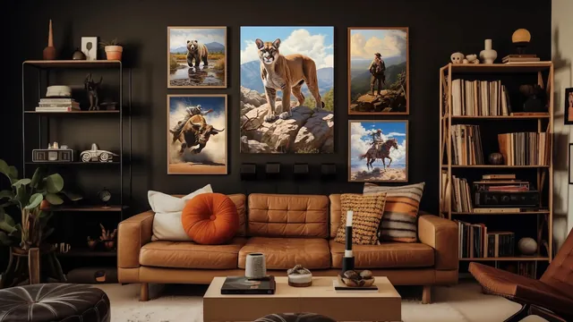 Folk Fable Studio product mockup: five framed animal and western scene prints hung above a tan leather sofa in a styled living room.