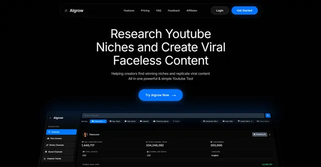 Algrow homepage: "Research Youtube Niches and Create Viral Faceless Content" above a screenshot of its channel research dashboard.