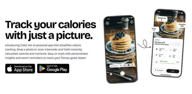 Cal AI social preview showing the app scanning a plate of pancakes and listing calories and macros.