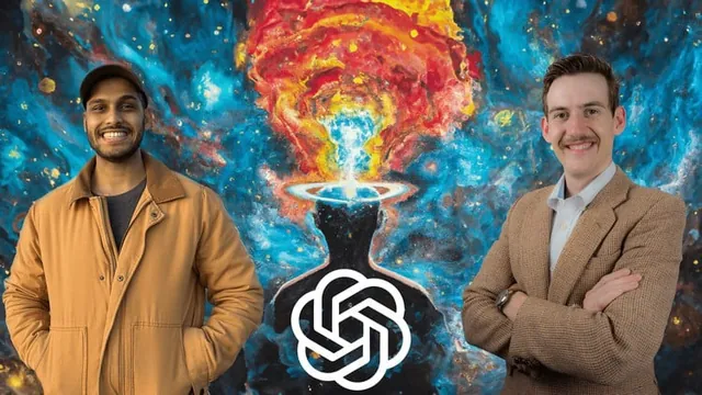 Udemy course cover for ChatGPT Masterclass: two smiling instructors either side of the ChatGPT logo on a painted cosmic background.