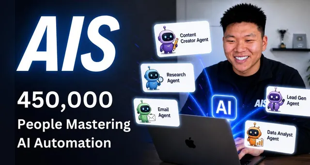 AI Automation Society banner from Skool: "450,000 People Mastering AI Automation", with a man at a laptop surrounded by agent icons.