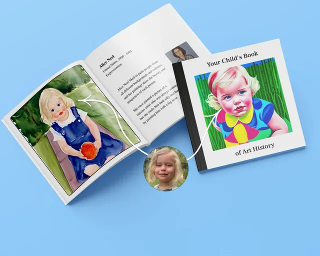 Selfarama product image: "Your Child's Book of Art History", open and closed, with a child's photo linked to stylised portraits of her on the pages.
