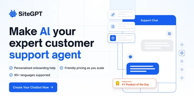 SiteGPT social preview: "Make AI your expert customer support agent", with a chat widget mockup.