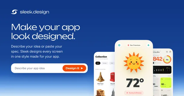 Sleek social preview: "Make your app look designed", with phone screens designed in the tool.
