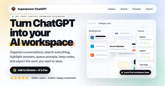 Superpower ChatGPT social preview: "Turn ChatGPT into your AI workspace", with a mockup of folders and tools.