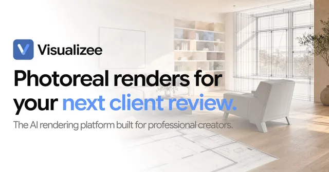 Visualizee social preview: "Photoreal renders for your next client review" over a living room shown half as a render and half as a wireframe.