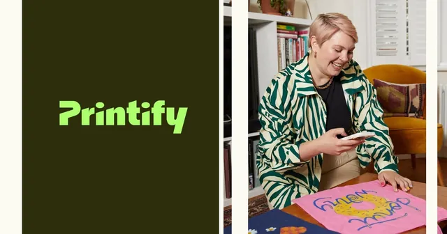 Printify wordmark next to a photo of a person with a printed tote bag.